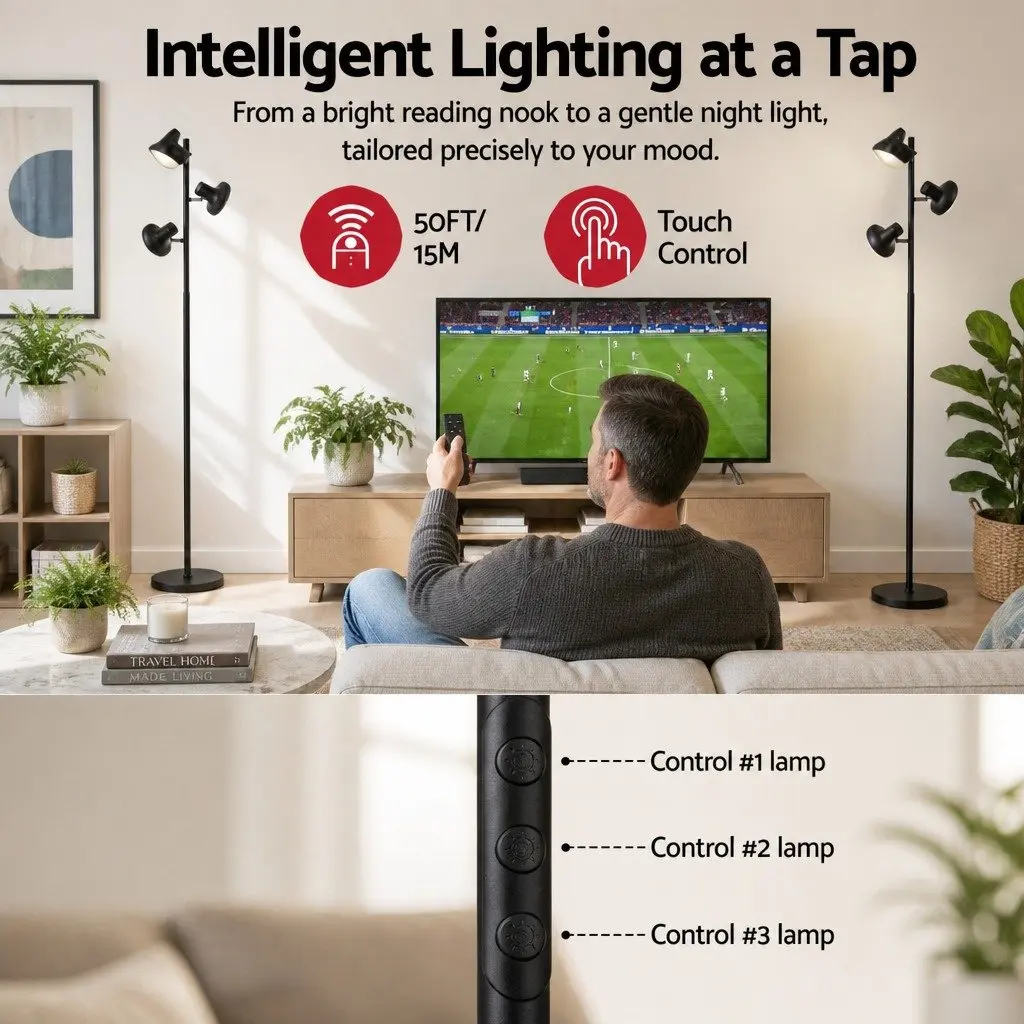 3-Head LED Floor Lamp Black 36W Dimmable Adjustable Spotlight
