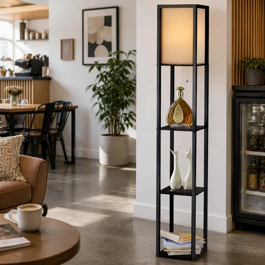 Floor Lamp with 3-Tier Shelf in Vintage Black