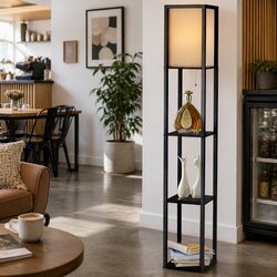 Stylish Floor Lamp with 3-Tier Shelf in Vintage Black