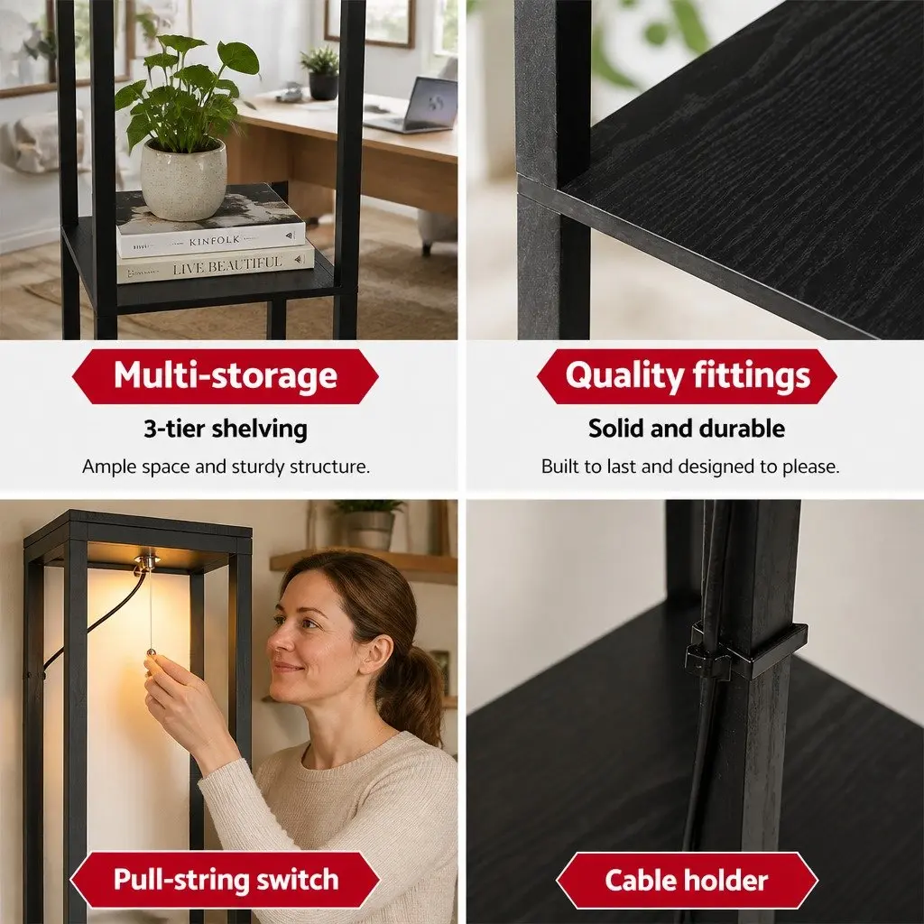 Black Floor Lamp with 3 Tier Shelf Storage