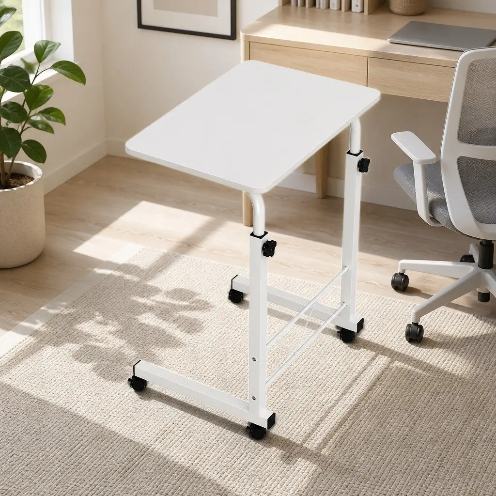 White Mobile Laptop Desk with Adjustable Height and Wheels