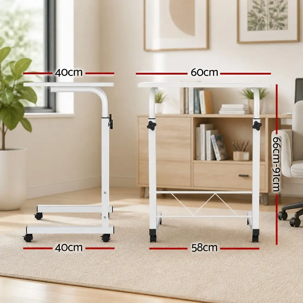 White Mobile Laptop Desk with Adjustable Height and Wheels