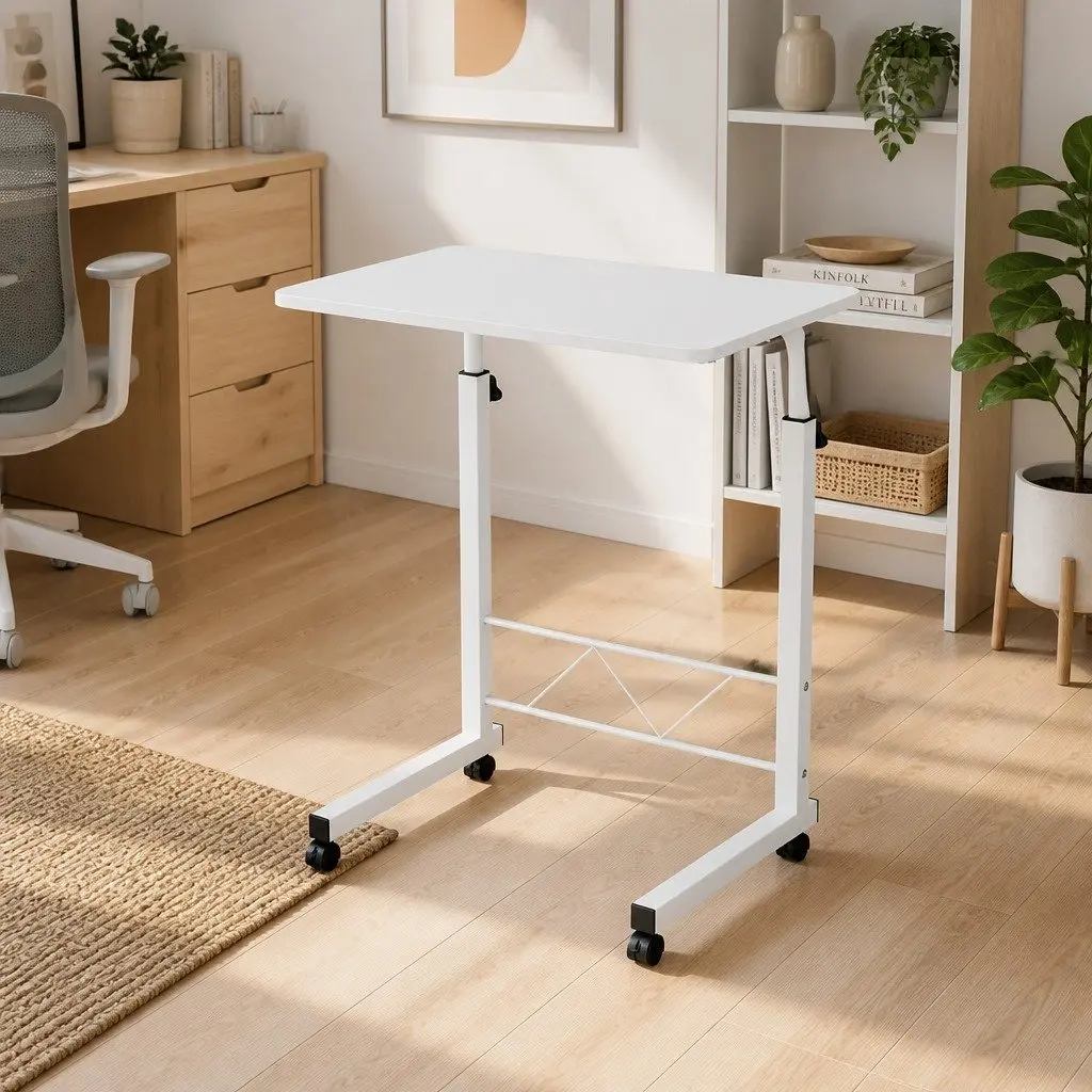 White Mobile Laptop Desk with Adjustable Height and Wheels
