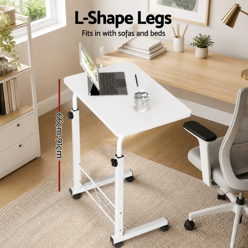White Mobile Laptop Desk with Adjustable Height and Wheels