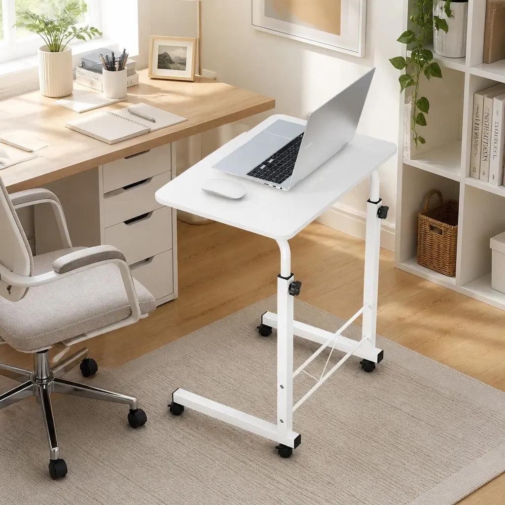White Mobile Laptop Desk with Adjustable Height and Wheels