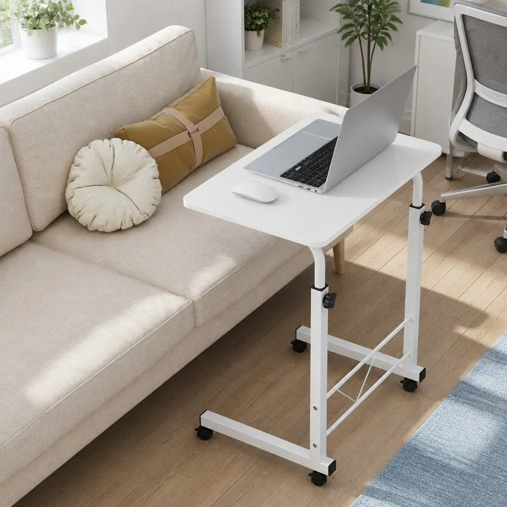 White Mobile Laptop Desk with Adjustable Height and Wheels