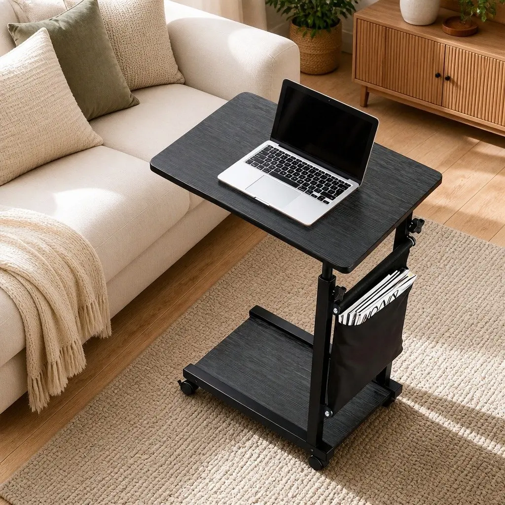 Mobile Laptop Desk MDF Oak 48CM Height Adjustable White C Shape