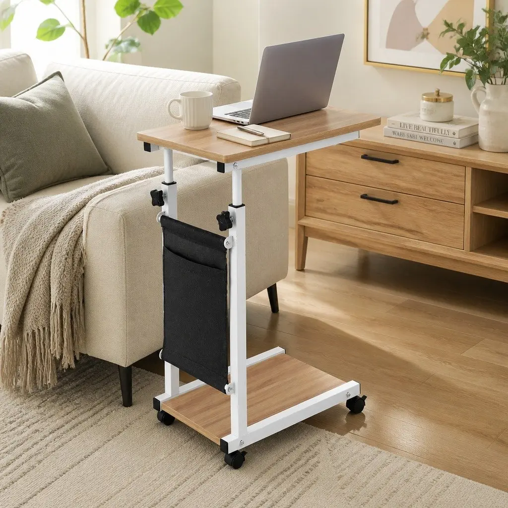 Mobile Laptop Desk MDF Oak Height Adjustable White C-shaped Frame Portable with Wheels
