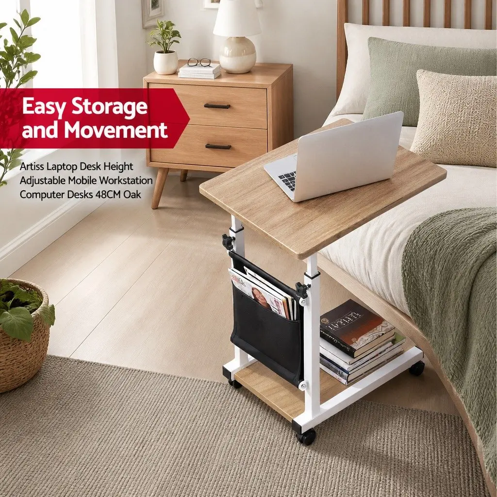 Mobile Laptop Desk MDF Oak Height Adjustable White C-shaped Frame Portable with Wheels