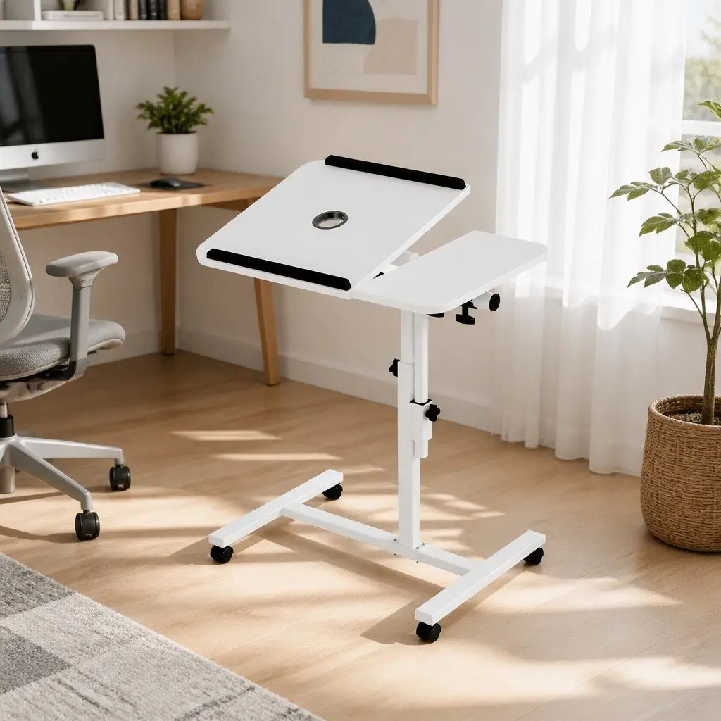 White Adjustable Height Mobile Laptop Desk with Fan