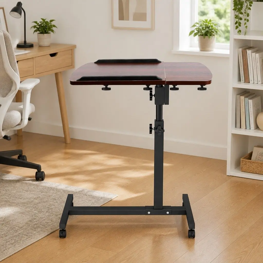 Laptop Stand MDF Walnut Brown 60cm x 40cm Adjustable Height 360° Rotating Lockable Wheels