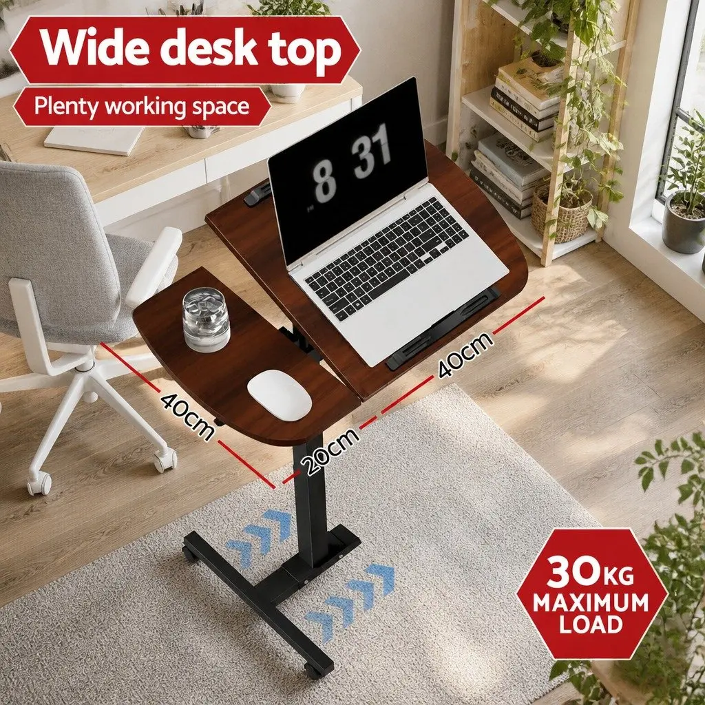 Laptop Stand MDF Walnut Brown 60cm x 40cm Adjustable Height 360° Rotating Lockable Wheels