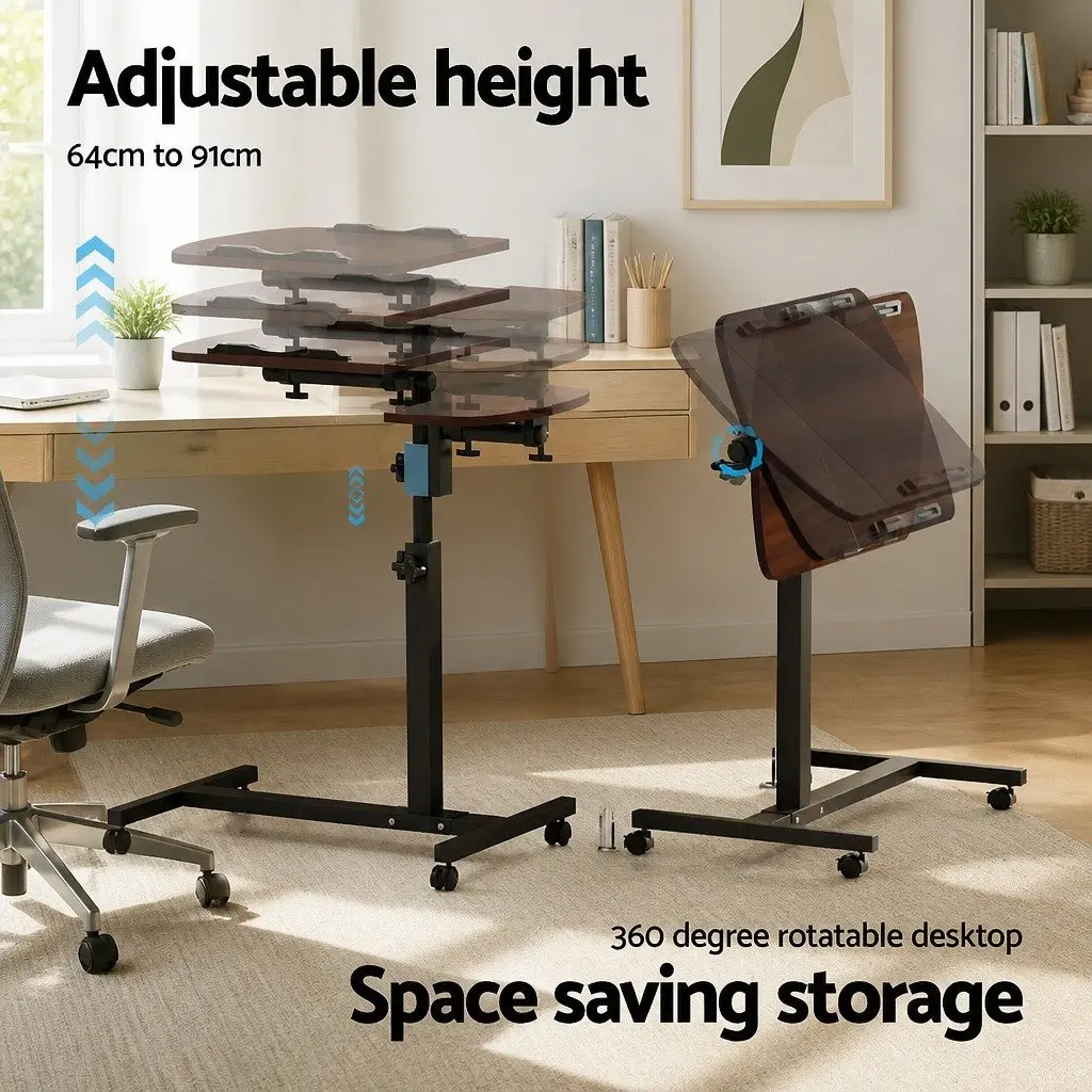 Laptop Stand MDF Walnut Brown 60cm x 40cm Adjustable Height 360° Rotating Lockable Wheels