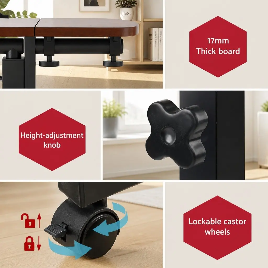 Laptop Stand MDF Walnut Brown 60cm x 40cm Adjustable Height 360° Rotating Lockable Wheels