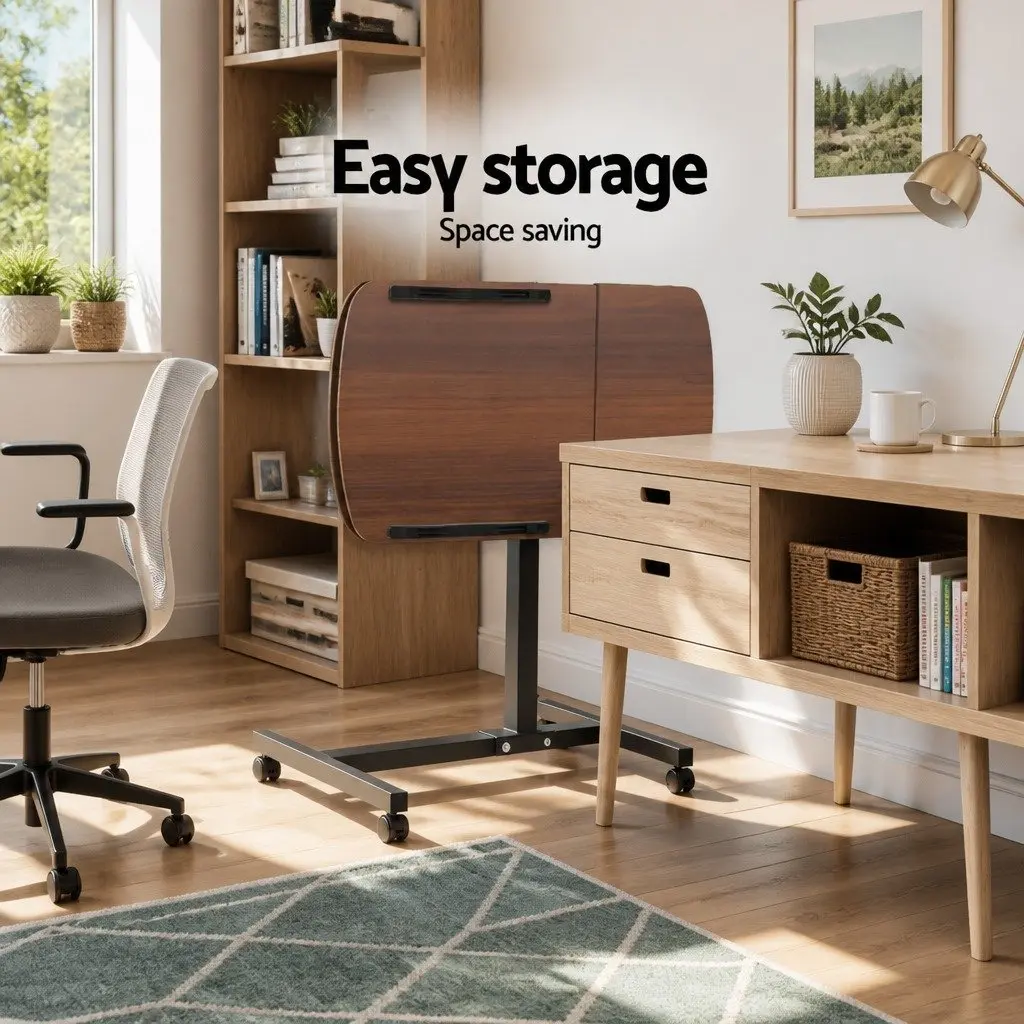 Laptop Stand MDF Walnut Brown 60cm x 40cm Adjustable Height 360° Rotating Lockable Wheels