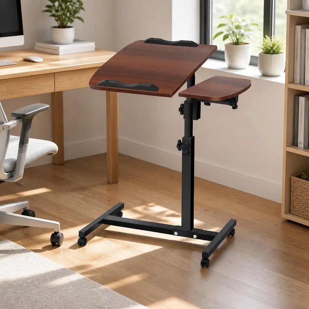 Laptop Stand MDF Walnut Brown 60cm x 40cm Adjustable Height 360° Rotating Lockable Wheels