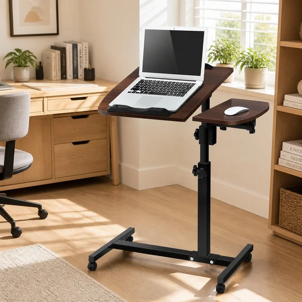 Laptop Stand MDF Walnut Brown 60cm x 40cm Adjustable Height 360° Rotating Lockable Wheels