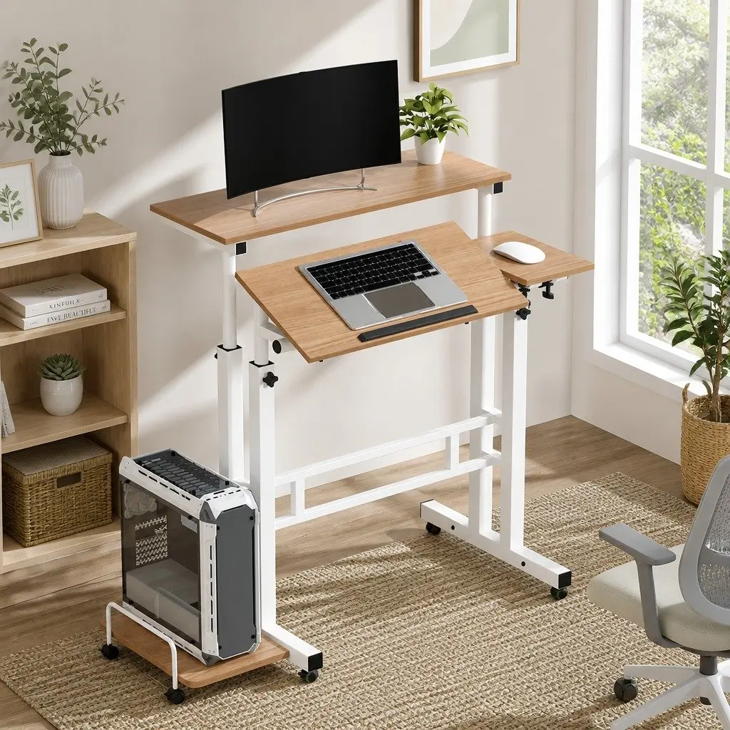 Height-Adjustable Mobile Twin Laptop Desk with Wheels