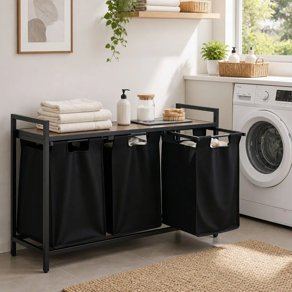 Black Laundry Basket with 3 Durable Pull-out Bags