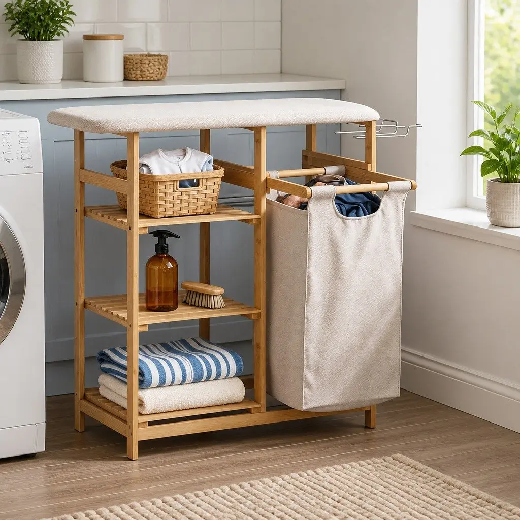 Bamboo Laundry Basket Hamper with Ironing Board & Shelves