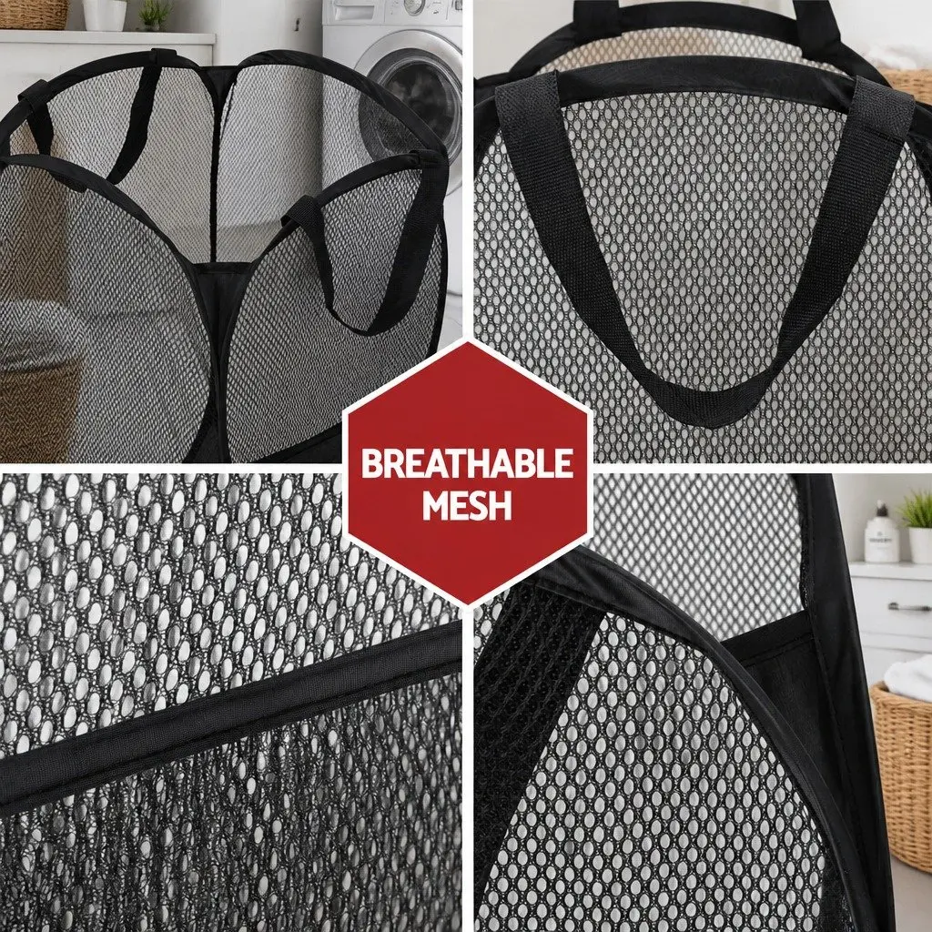 Laundry Basket Polyethylene 31cm x 28cm x 59cm Black 2 Pack Ventilated