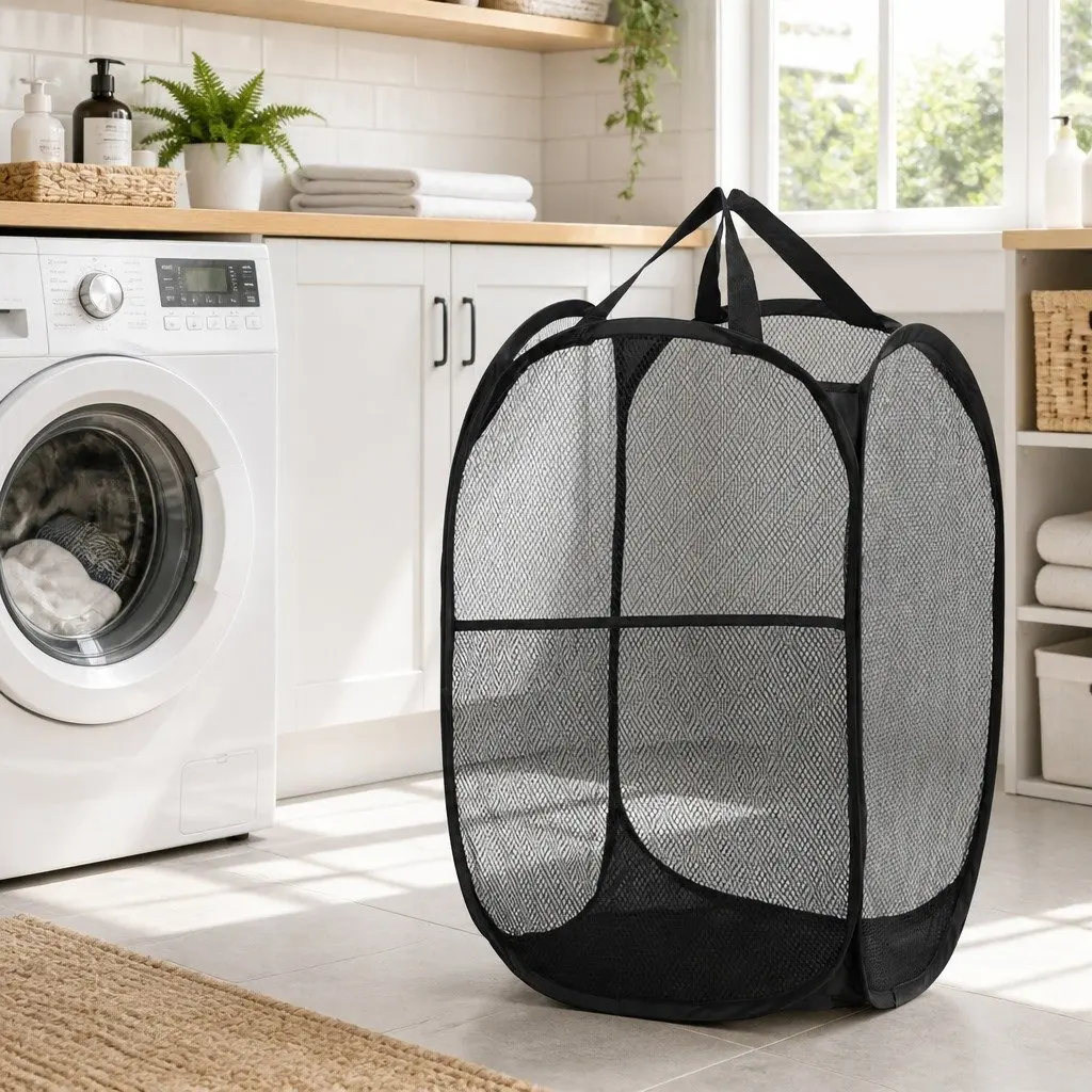 Laundry Basket Polyethylene 31cm x 28cm x 59cm Black 2 Pack Ventilated