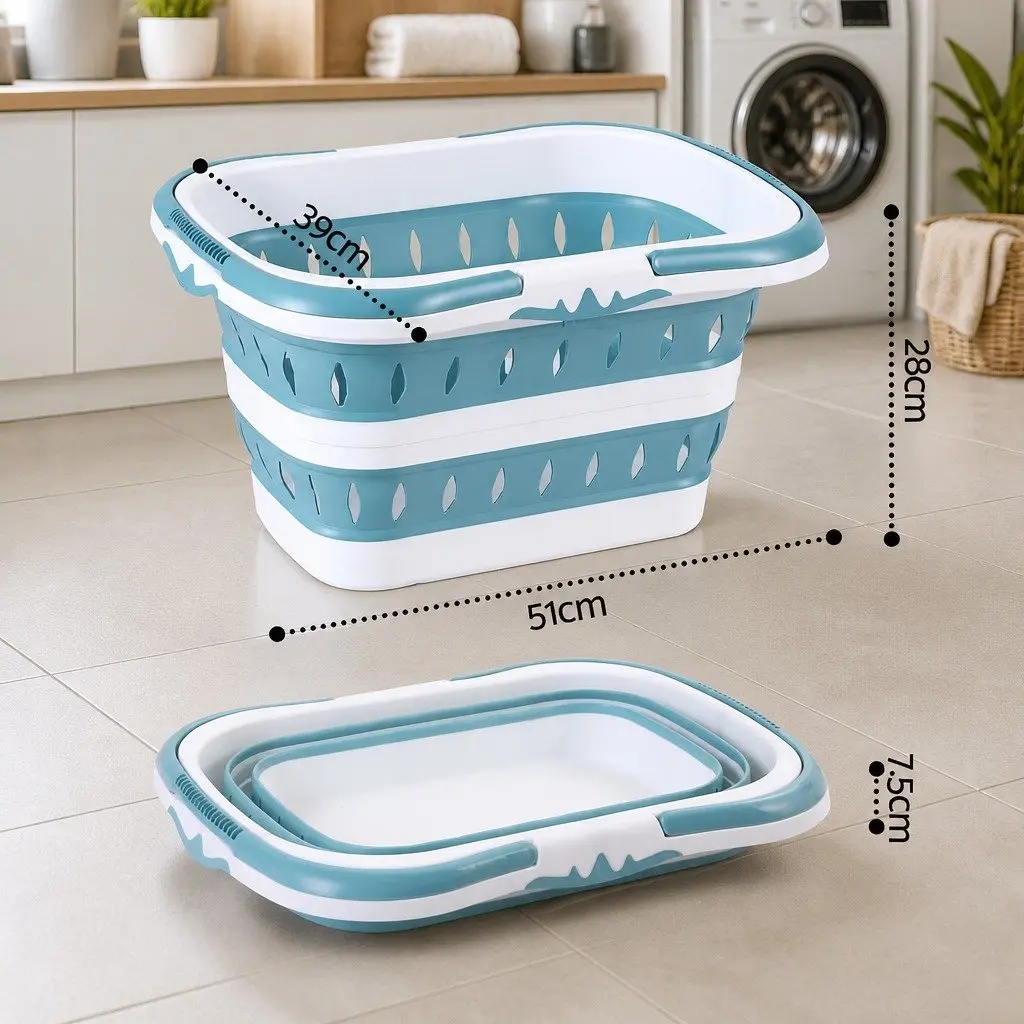 Large Foldable Laundry Basket Plastic 51cm x 39cm x 28cm Blue & White