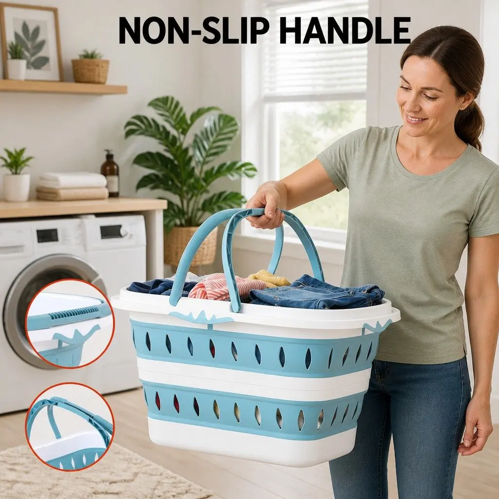 Large Foldable Laundry Basket Plastic 51cm x 39cm x 28cm Blue & White