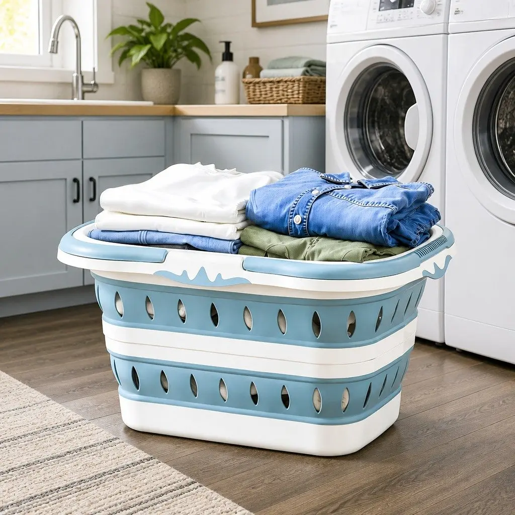 Large Foldable Laundry Basket Plastic 51cm x 39cm x 28cm Blue & White