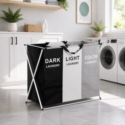 Laundry Basket Hamper Large Foldable 3 Sections Clothes Storage Organiser