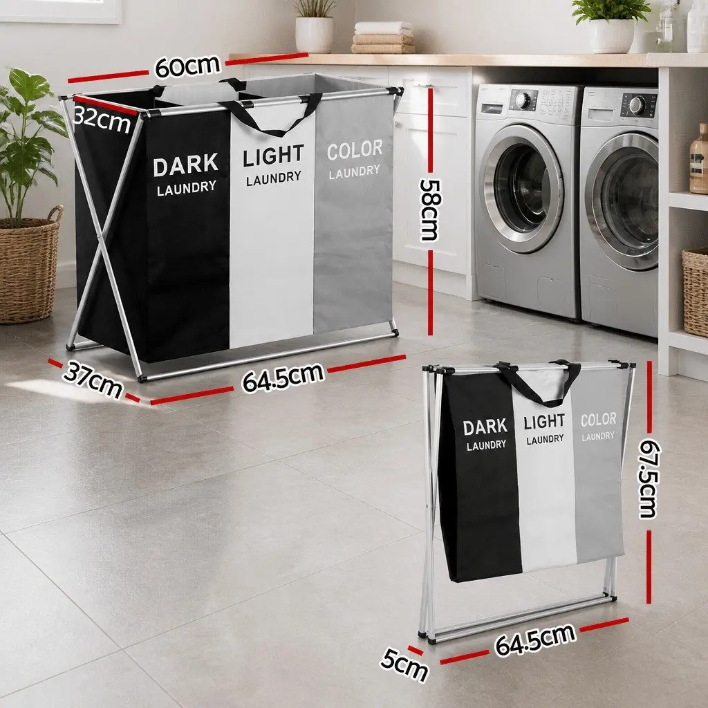 Laundry Basket Hamper Foldable 3 Sections Aluminium Alloy Polyethylene Multicolour