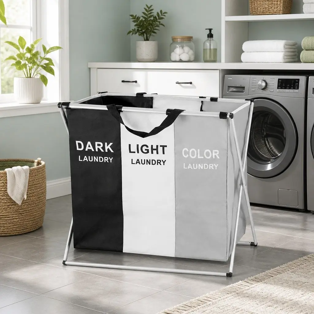 Laundry Basket Hamper Foldable 3 Sections Aluminium Alloy Polyethylene Multicolour