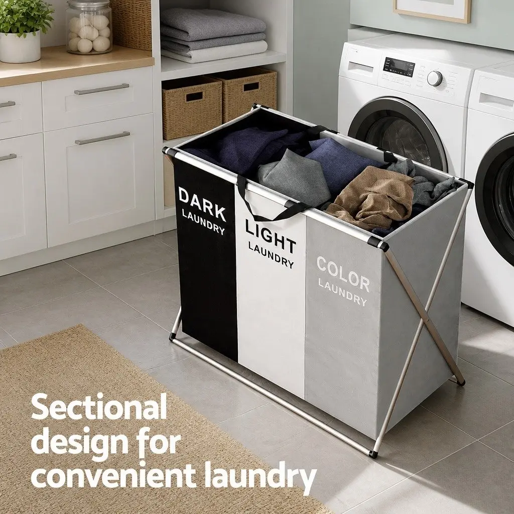 Laundry Basket Hamper Foldable 3 Sections Aluminium Alloy Polyethylene Multicolour