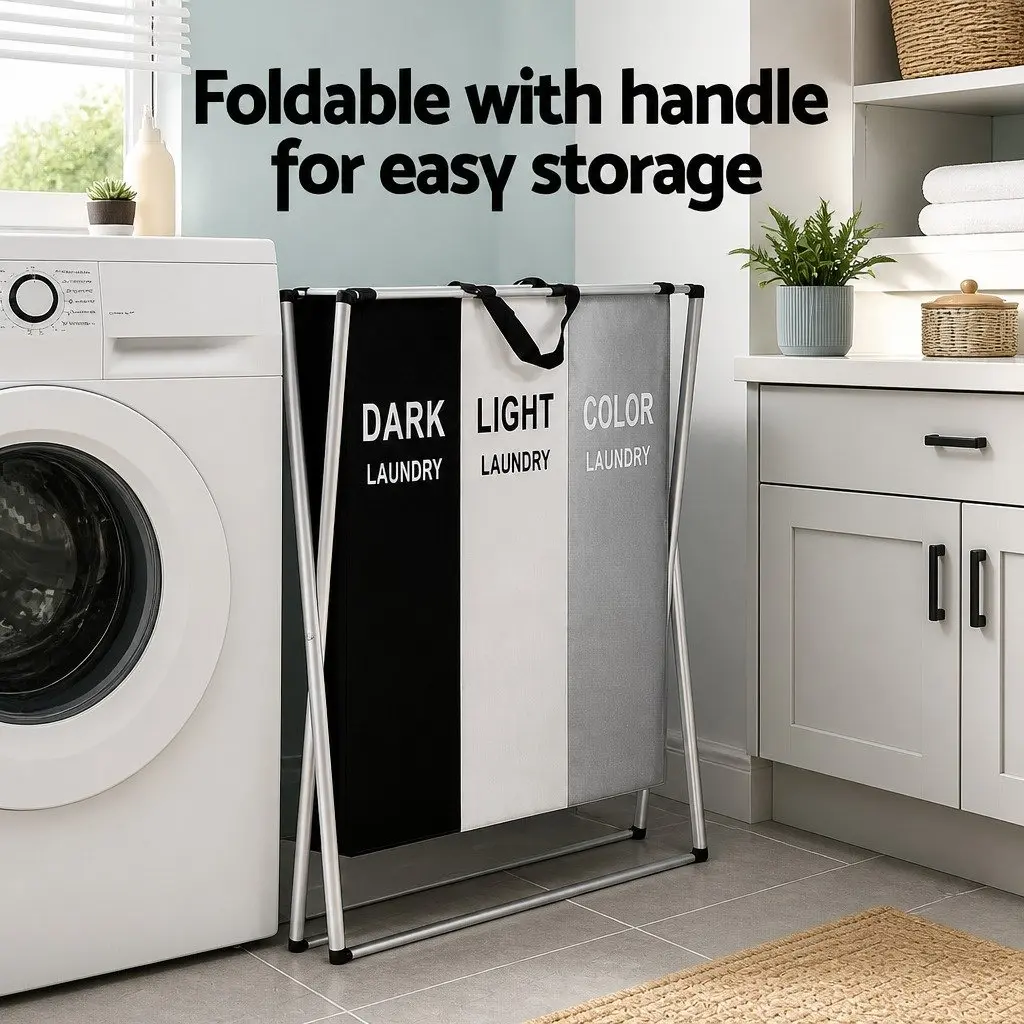 Laundry Basket Hamper Foldable 3 Sections Aluminium Alloy Polyethylene Multicolour