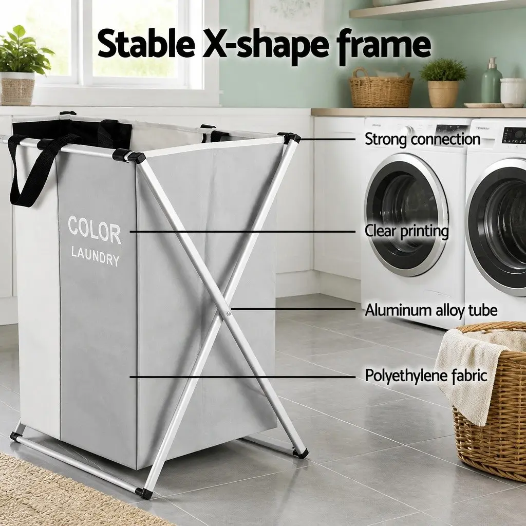 Laundry Basket Hamper Foldable 3 Sections Aluminium Alloy Polyethylene Multicolour