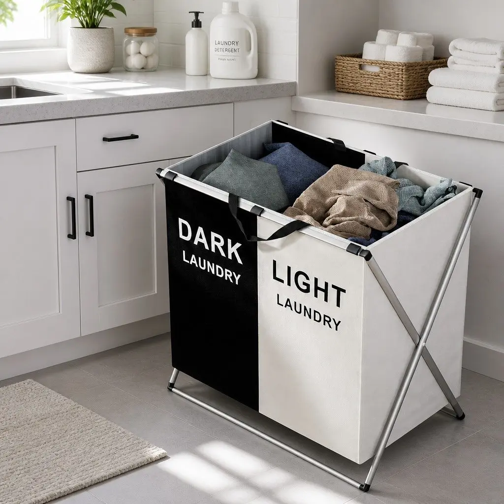 Laundry Basket Hamper Aluminium Alloy Fabric 2 Sections Large Capacity Black White