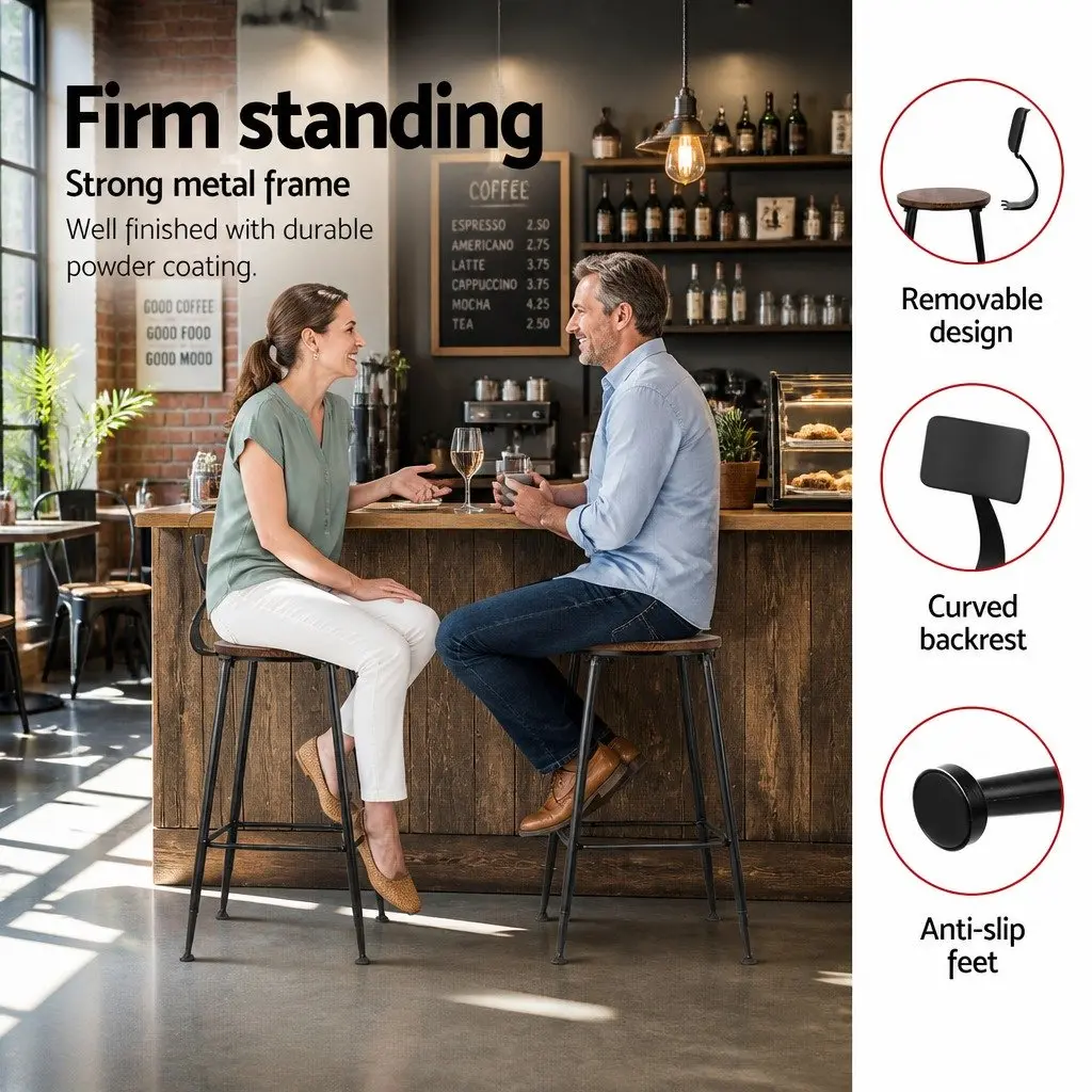 Industrial Bar Stools Set of 2 with Removable Backrest