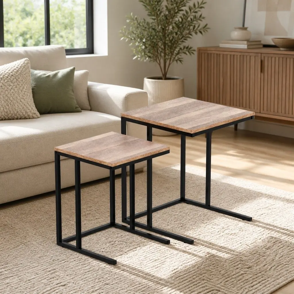 Set of 2 Industrial Style Nesting Side Tables in Dark Wood