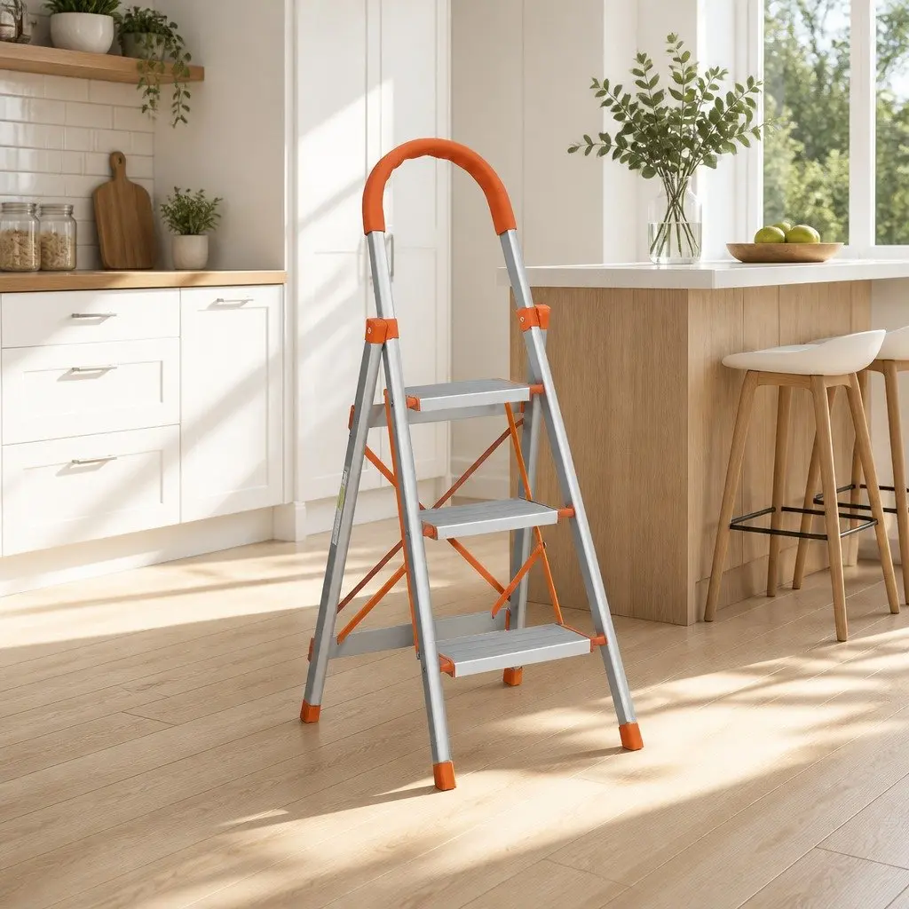 3 Step Ladder Aluminium Lightweight Silver Foldable Non-Slip Platform