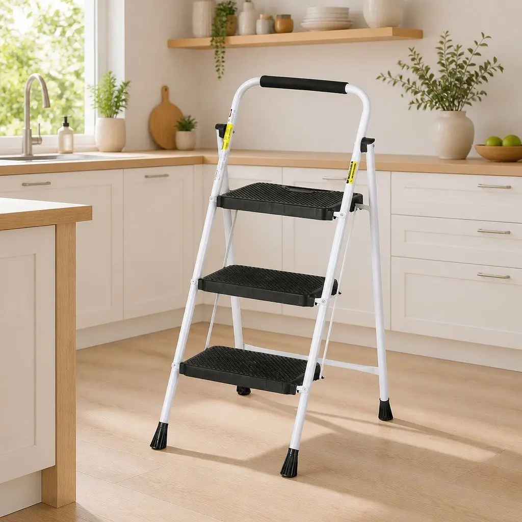 3 Step Ladder Steel Folding Non-Slip Black or White