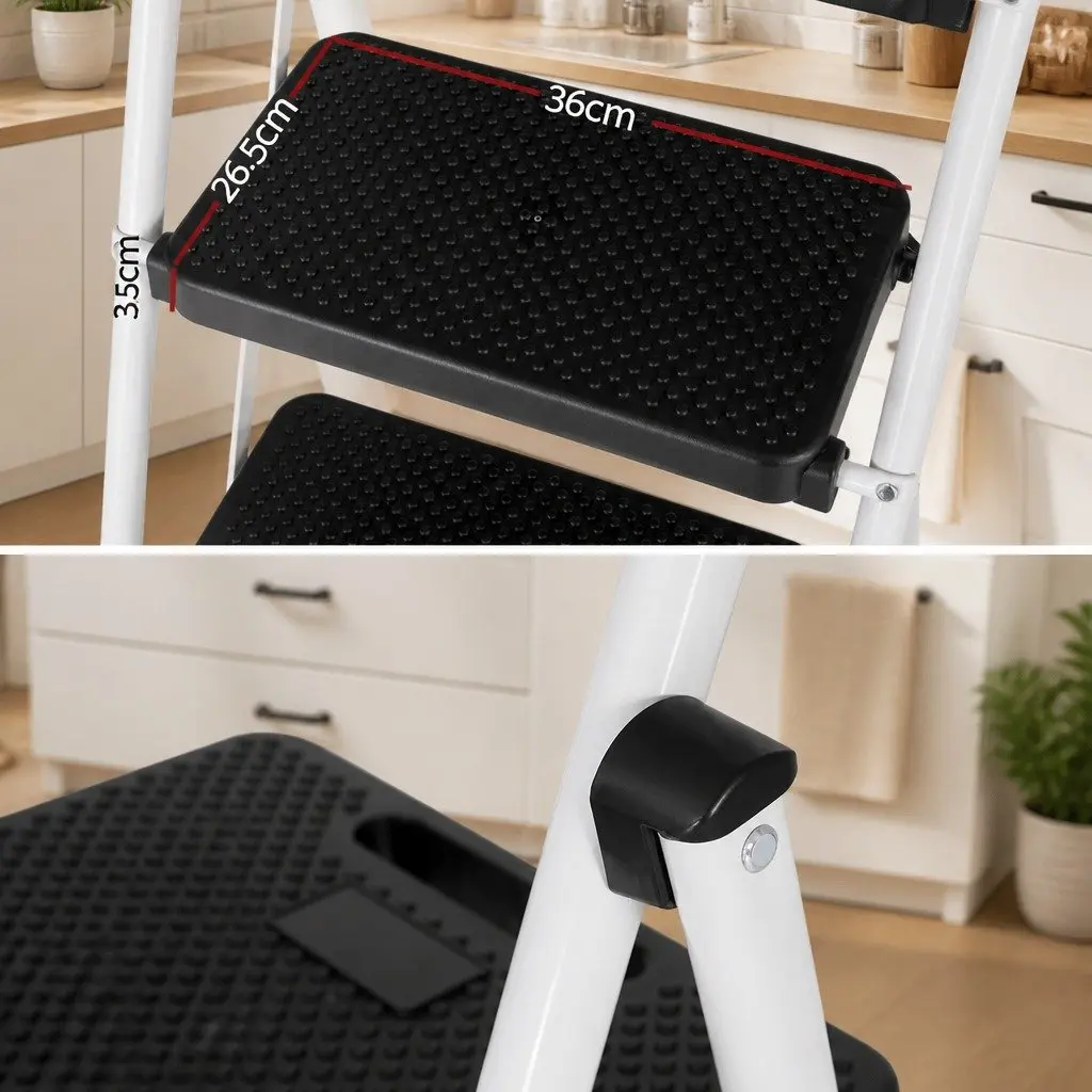 3 Step Ladder Steel Folding Non-Slip Black or White