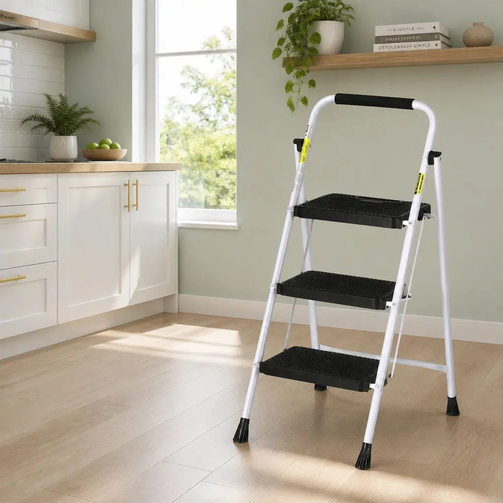 3 Step Ladder Steel Folding Non-Slip Black or White