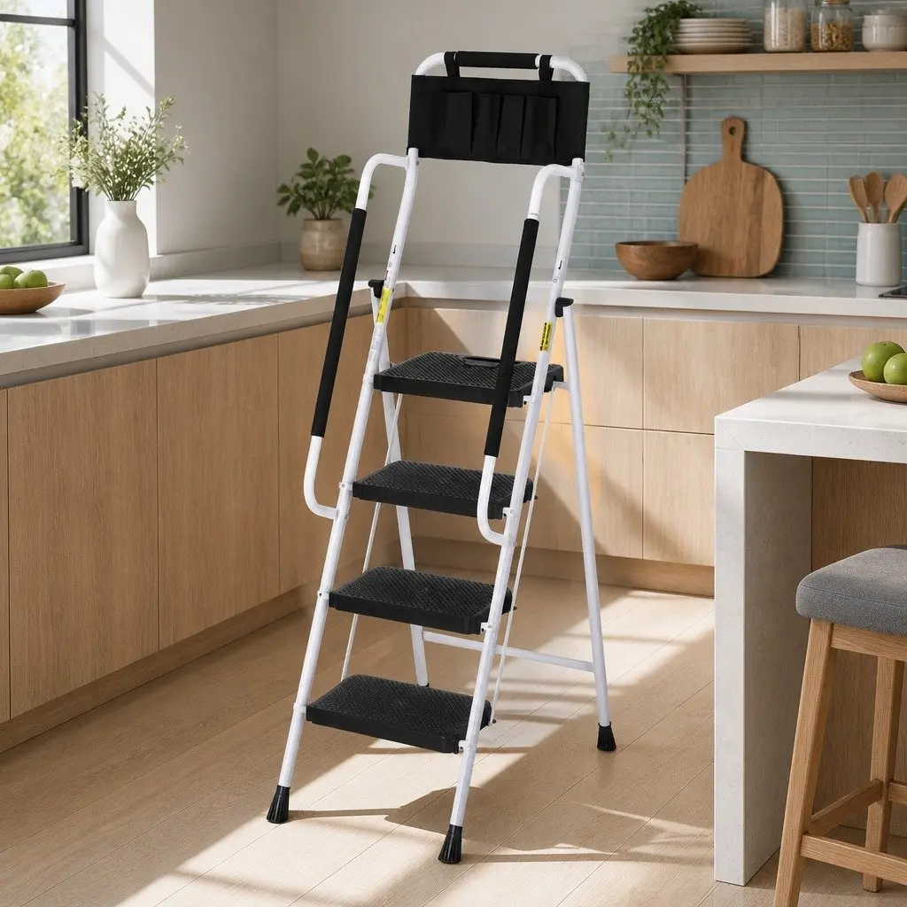 4 Step Ladder Steel Folding Tool Bag Black White