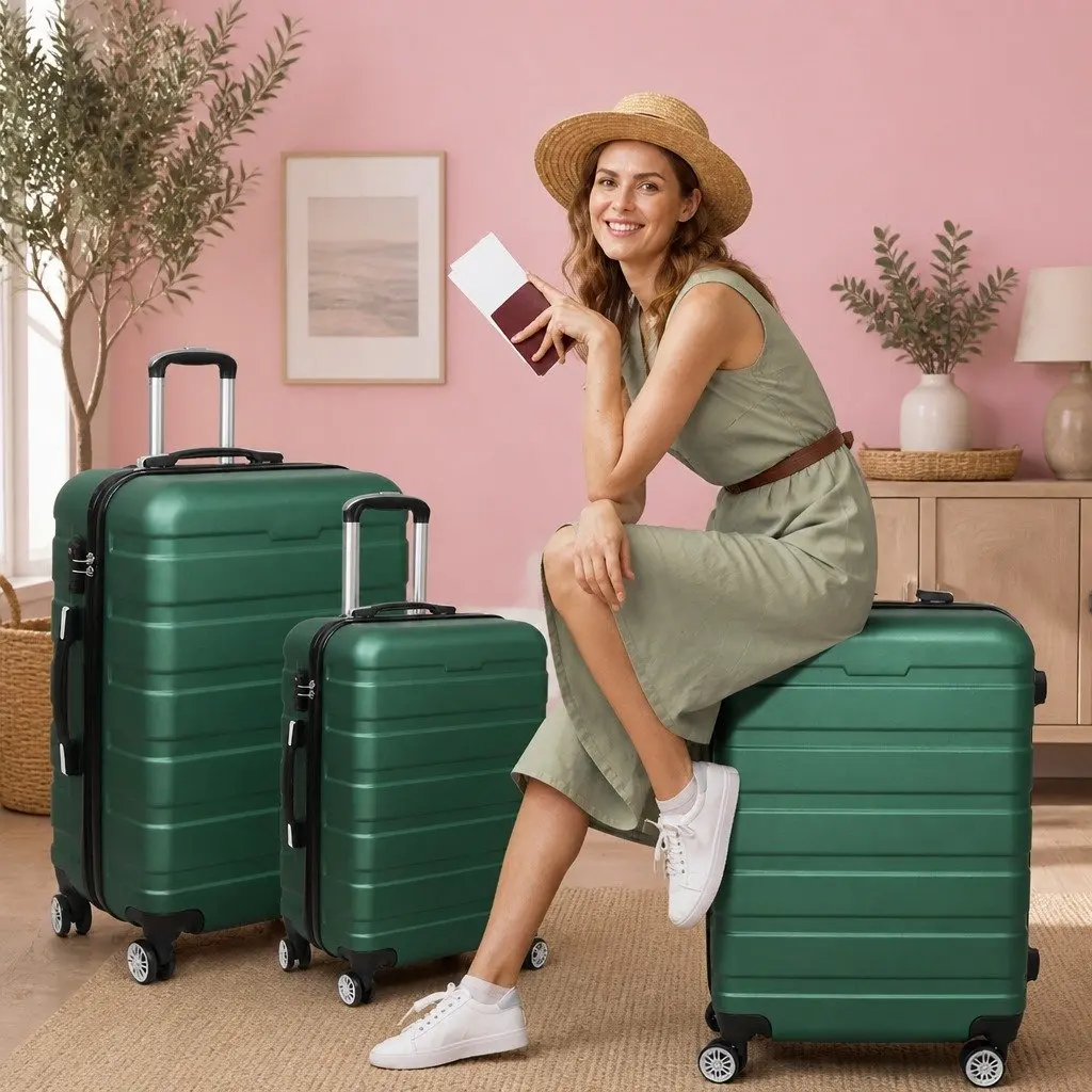 3-Piece Luggage Set Hard Shell Suitcase Travel Spinner Wheels Carry Handle Green