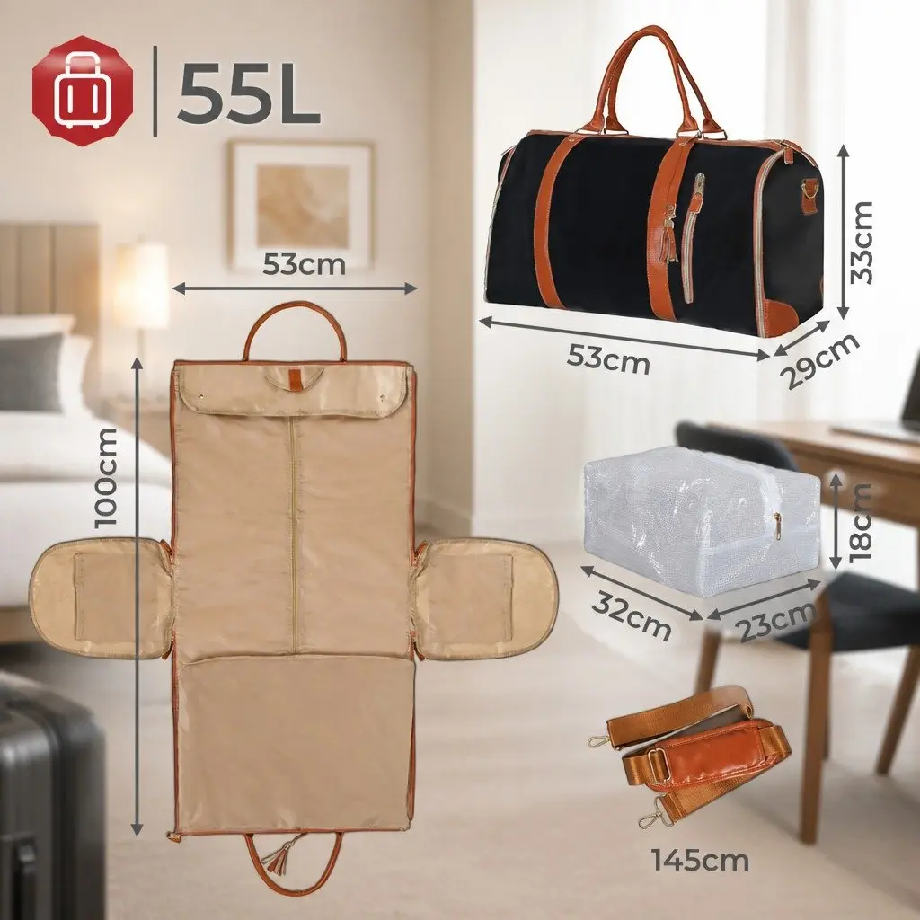 55L Black Garment Bag with Shoulder Strap