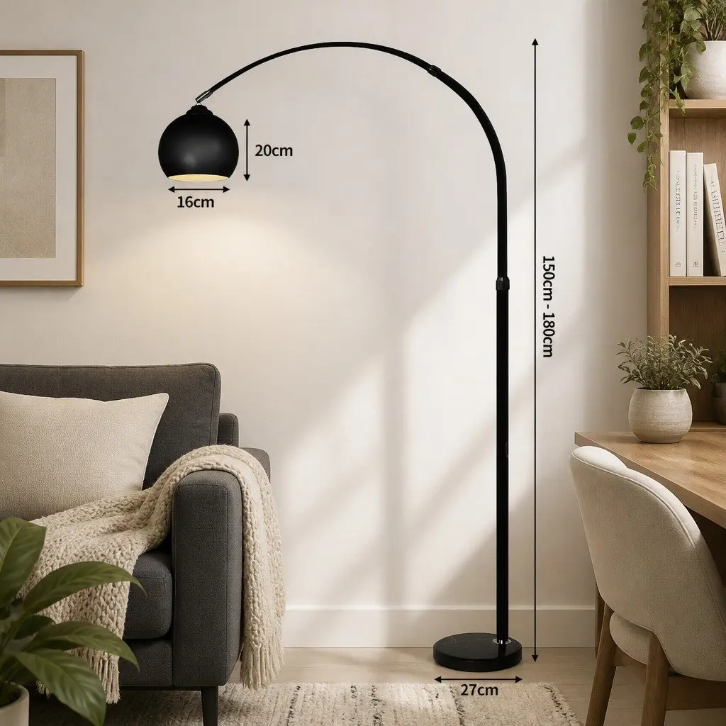 Floor Lamp Marble Base Iron Shade Adjustable Arm Black 150cm to 180cm