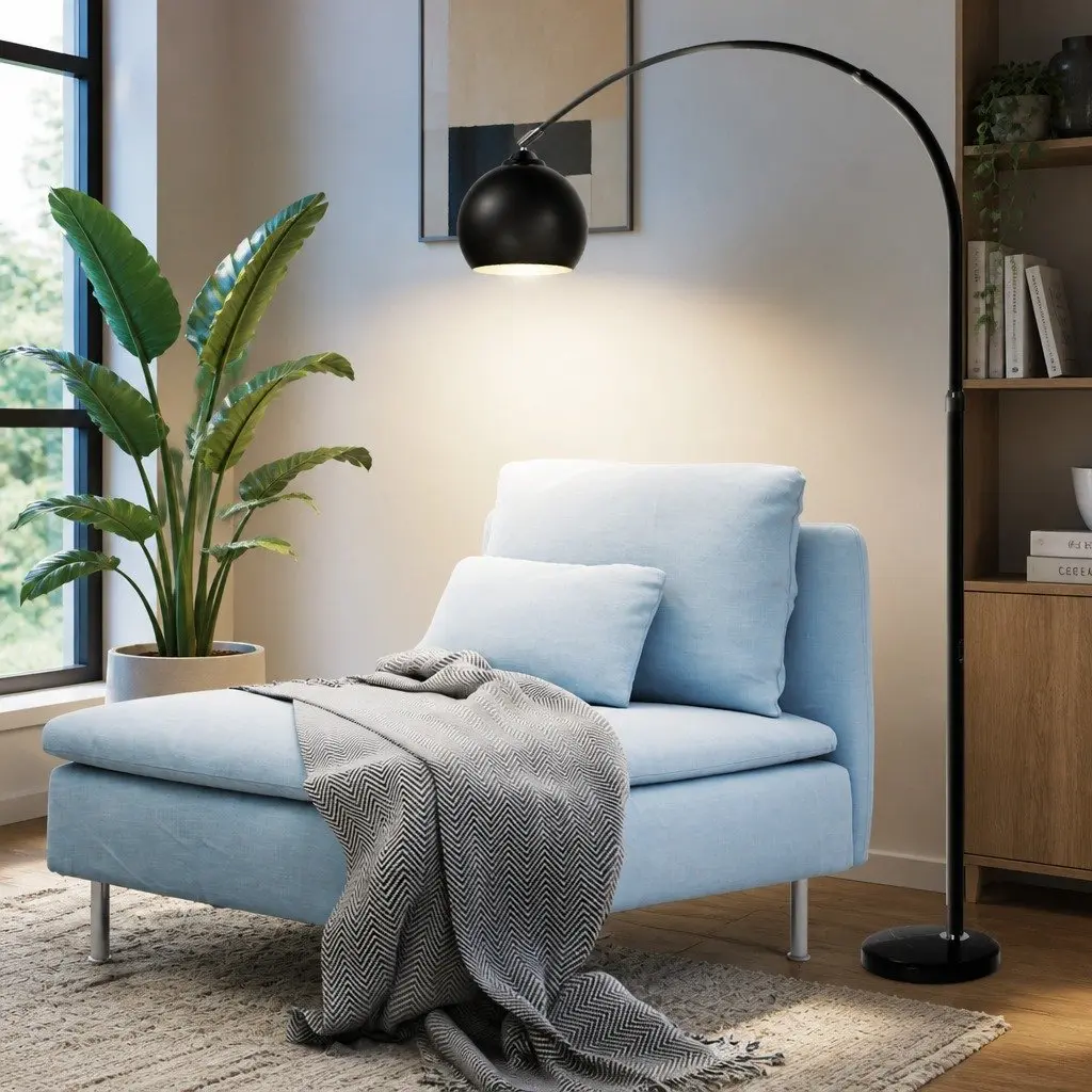 Floor Lamp Marble Base Iron Shade Adjustable Arm Black 150cm to 180cm