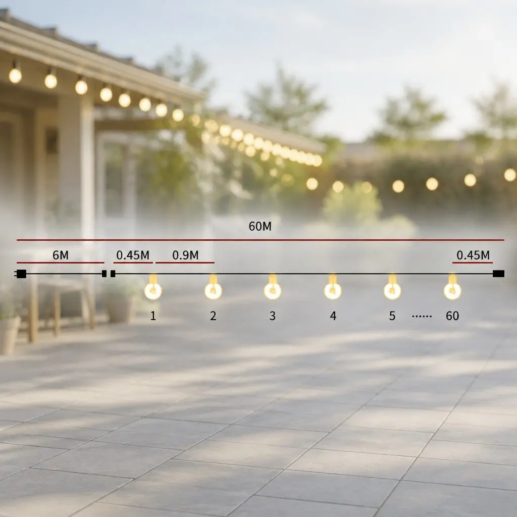 60M Outdoor Festoon String Lights with 60 LED Bulbs