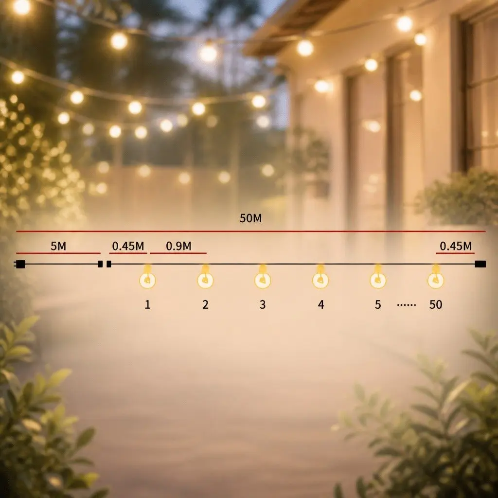 50M Festoon String Lights with 50 Warm White LED Bulbs