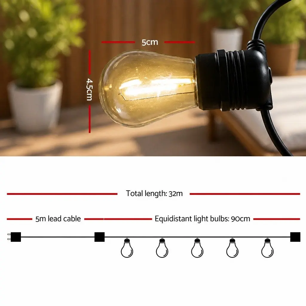 32m Festoon String Lights with Warm White LED Glow